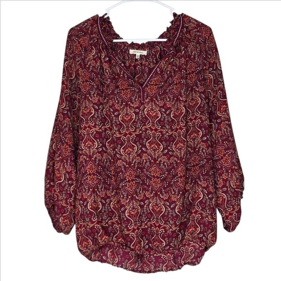 Max Studio Burgundy Paisley Balloon Sleeve Chiffon Blouse Size Large - Picture 1 of 11